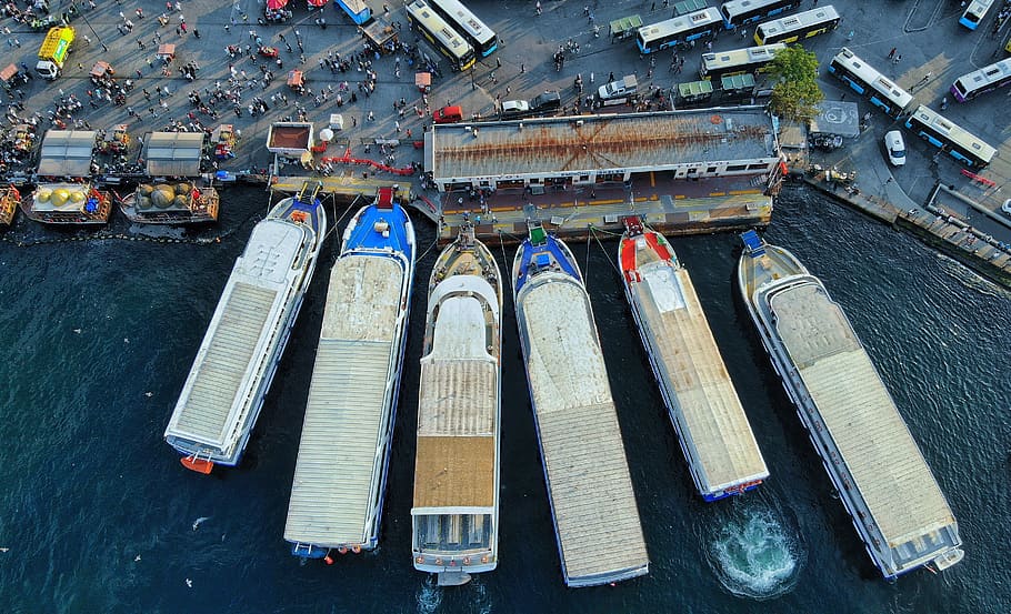 Six Cruise Ships on Water, aerial view, architecture, building HD wallpaper