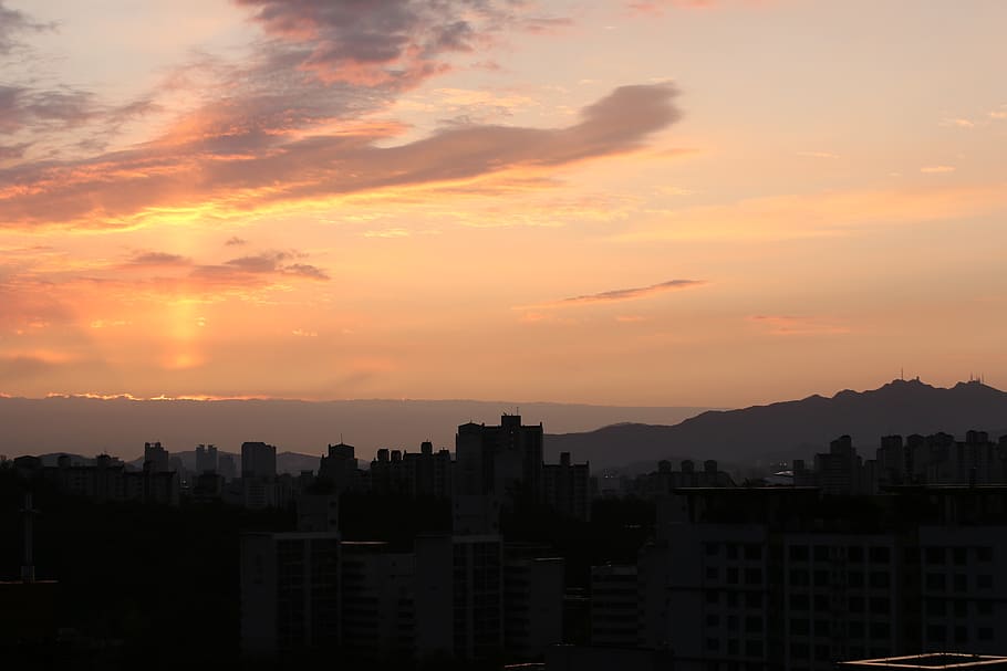 south korea, seoul, sunrise, 하늘, 일출, sunset, sky, building exterior, HD wallpaper