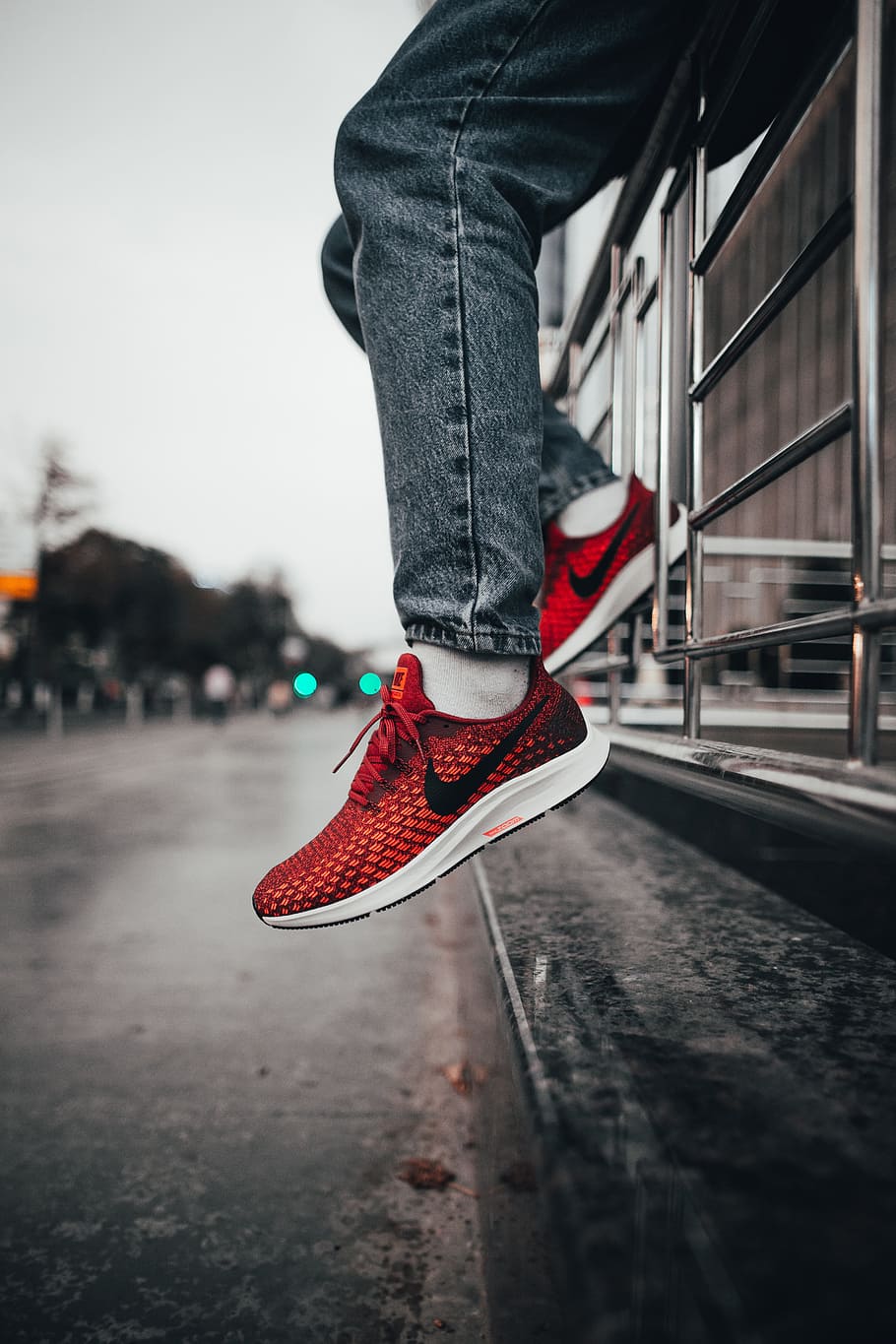 HD person wearing red Nike sneakers, fashion, kick, street style Wallpaper