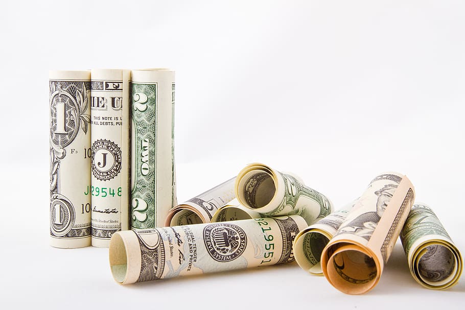 Several Us Dollar Roll Placed on White Surface, bank, bank notes, HD wallpaper