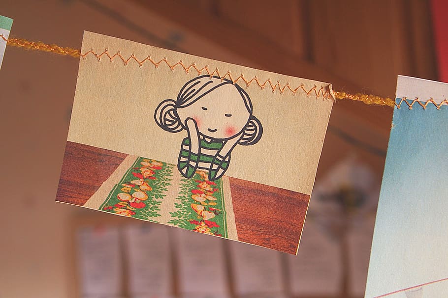 Drawing of Girl Hanging on Yarn, art, blur, close-up, creative HD wallpaper