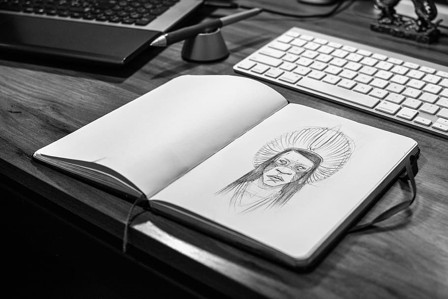 Sketch Book on Gray Wooden Surface, black and white, branding HD wallpaper