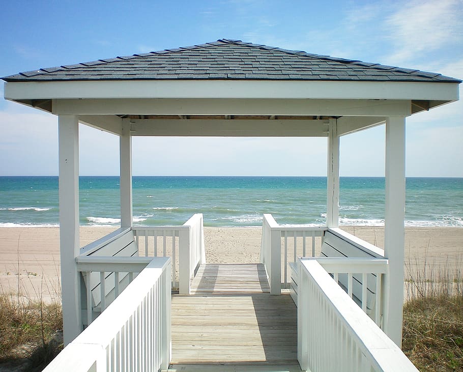 ocean, gazebo, beach, coast, sea, walkway, architecture, water HD wallpaper