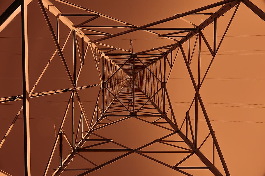 strommast, perspective, high voltage, energy, current, power line HD wallpaper