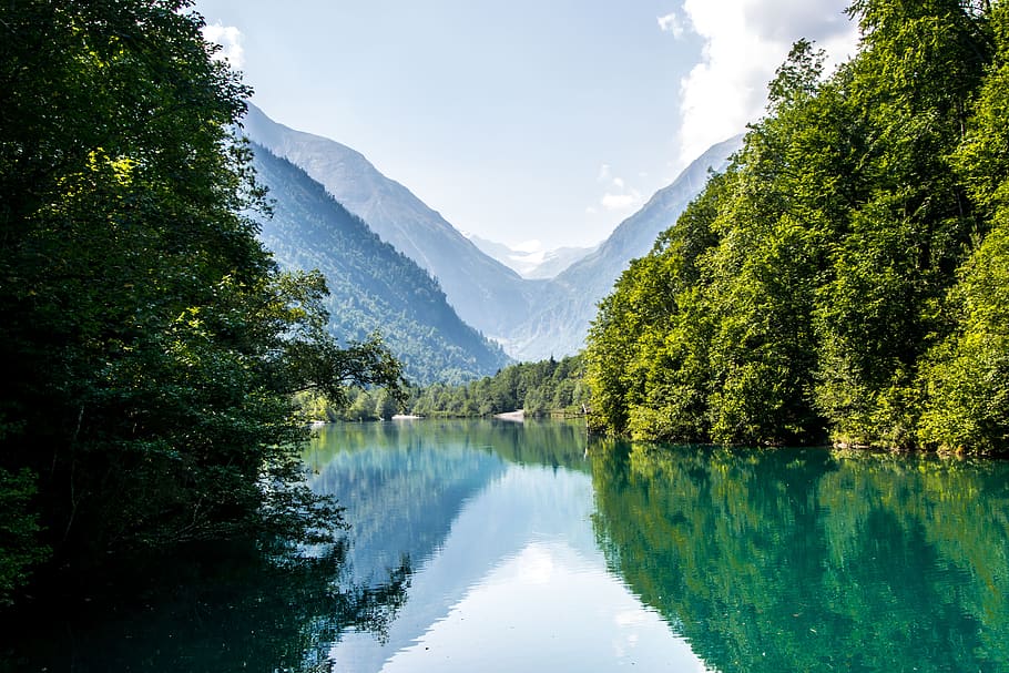 mountains, scenic, reflection, waters, idyll, landscape, nature HD wallpaper