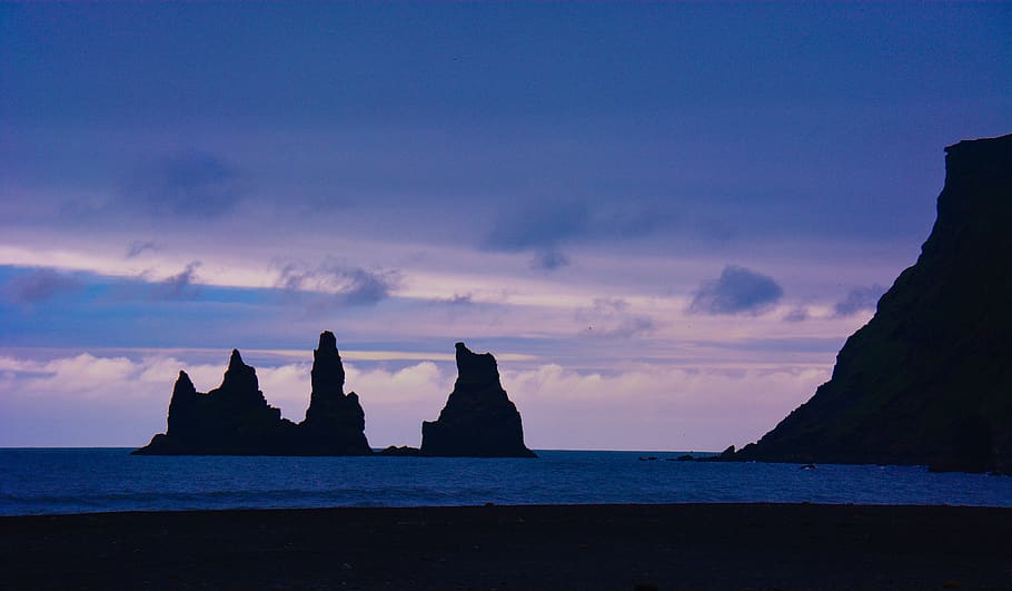 iceland, vik, sunset, beach, black sand, village, rocks, sea HD wallpaper