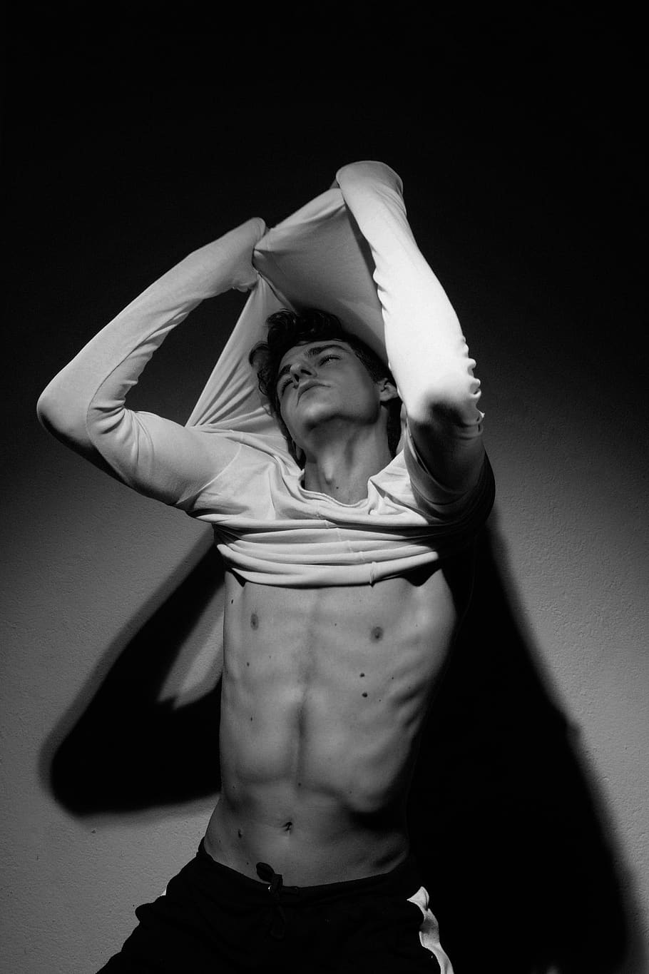 Man Wearing White Sjhirt, abs, black-and-white, body, casual