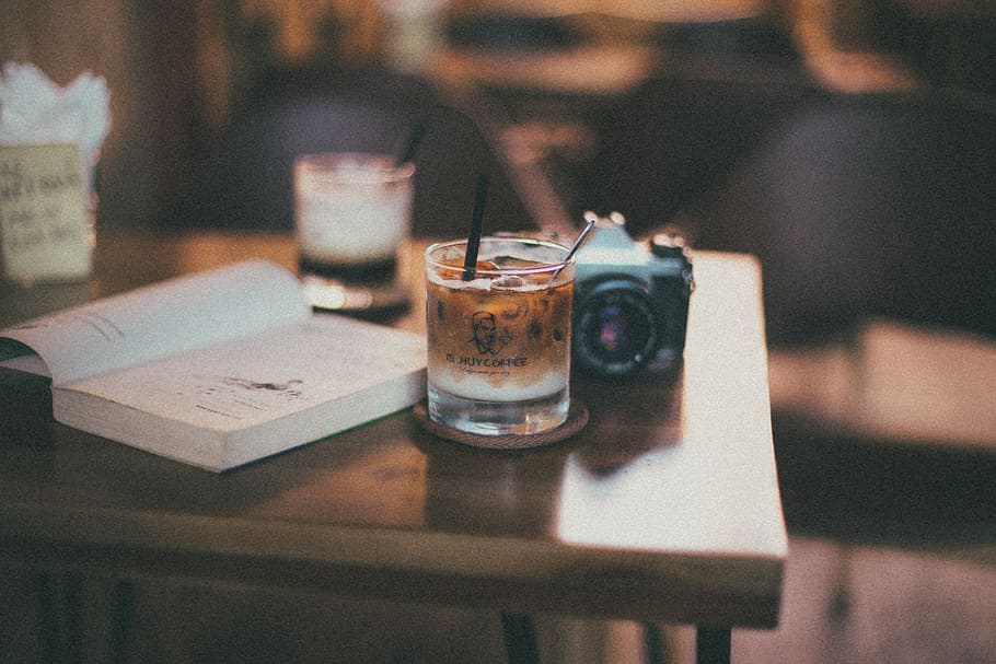 Clear Glass With Brown Liquid, blurred background, camera, close-up HD wallpaper
