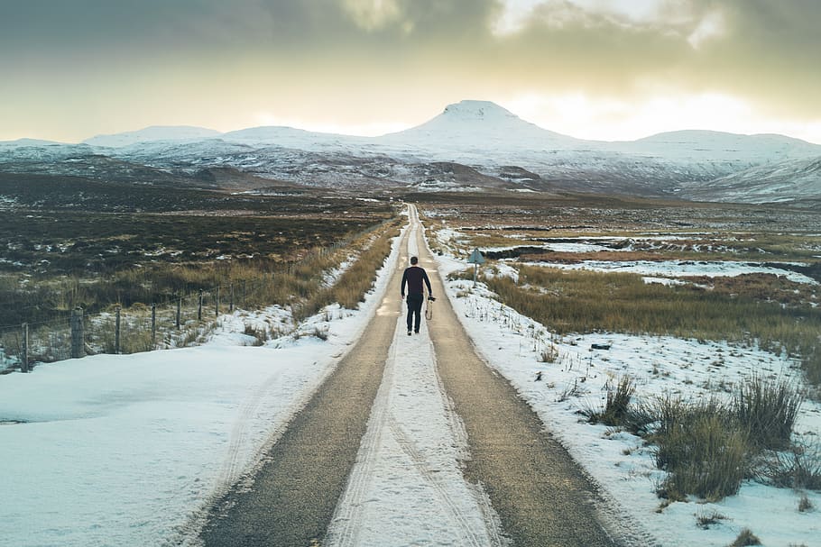man walking along pathway, snow, winter, cold temperature, mountain HD wallpaper