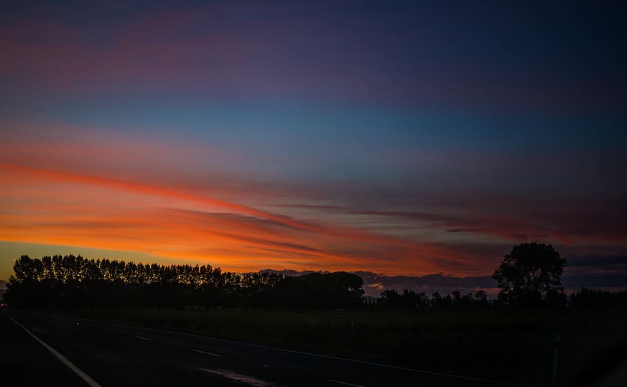 sunset, road, trees, colors, sky, beauty in nature, transportation HD wallpaper