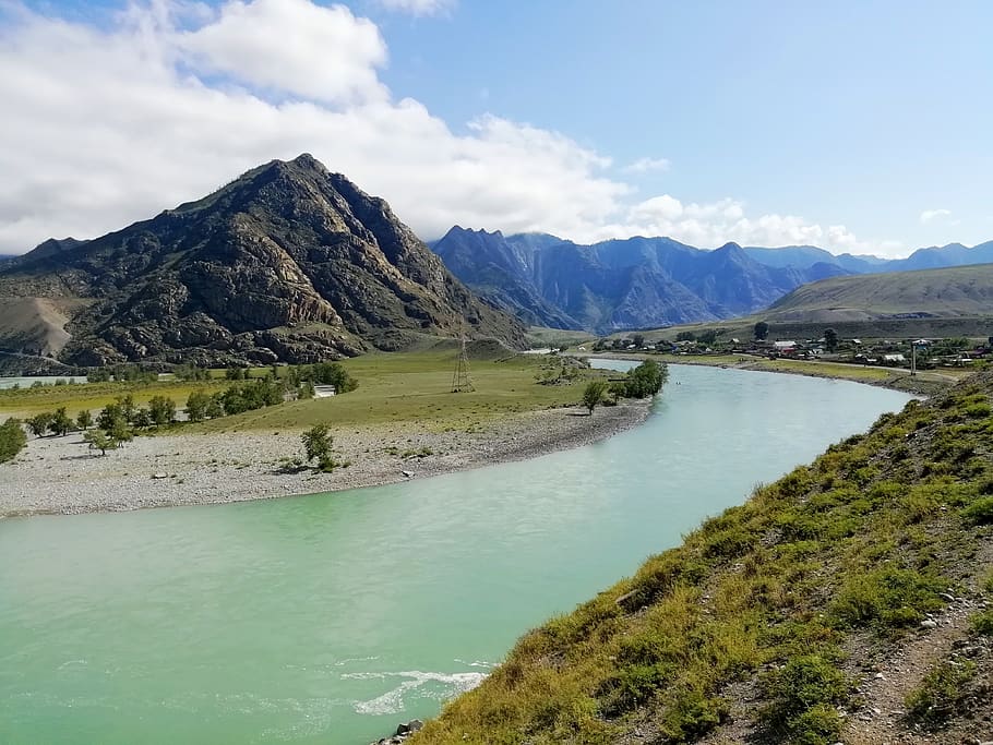 altai, mountains, river, summer, landscape, travel, clouds HD wallpaper