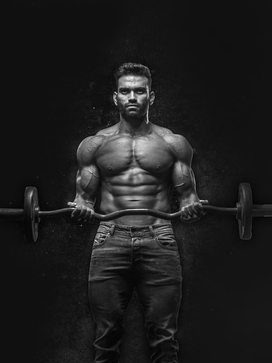 Man Holding Barbell, abs, active, athlete, biceps, black and white, HD wallpaper