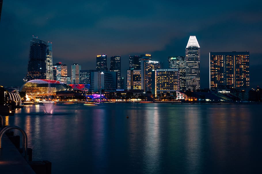 cityscape during nighttime, urban, town, building, water, metropolis HD wallpaper