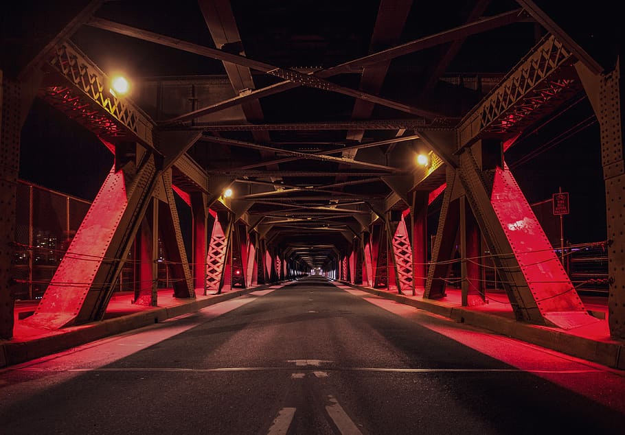 red and black metal bridge during nighttime, the way forward, HD wallpaper