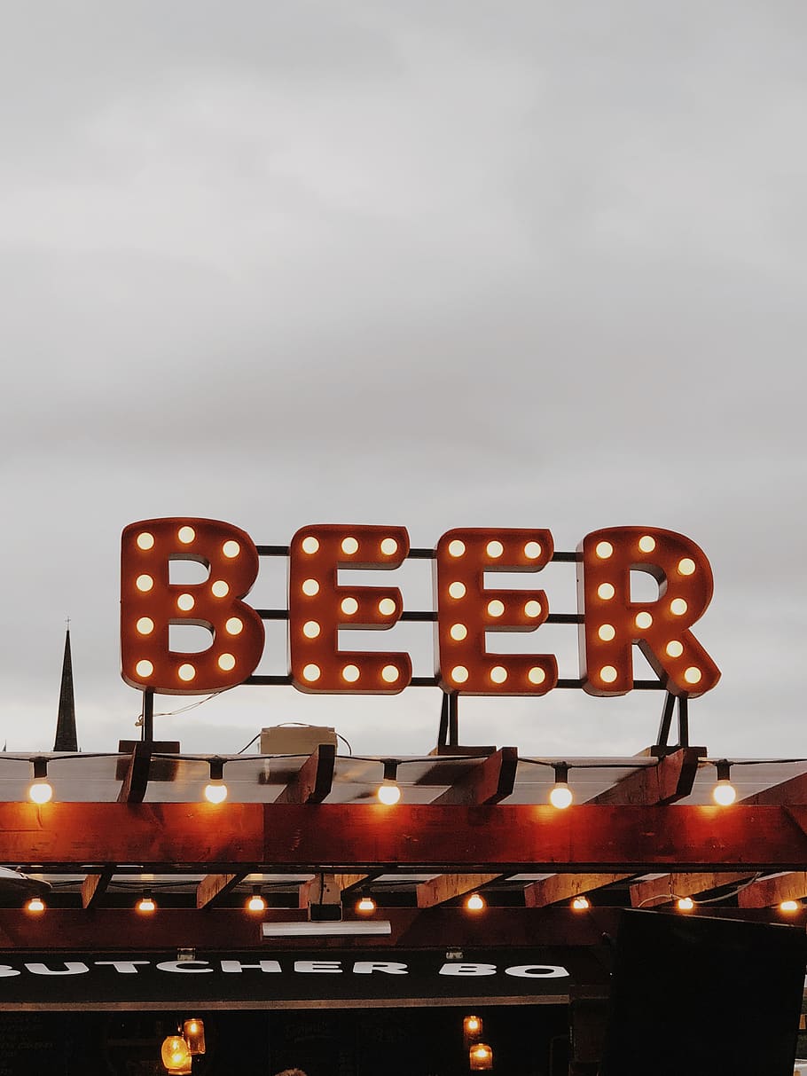 Beer LED signboard, illuminated, text, sky, food and drink, no people HD wallpaper