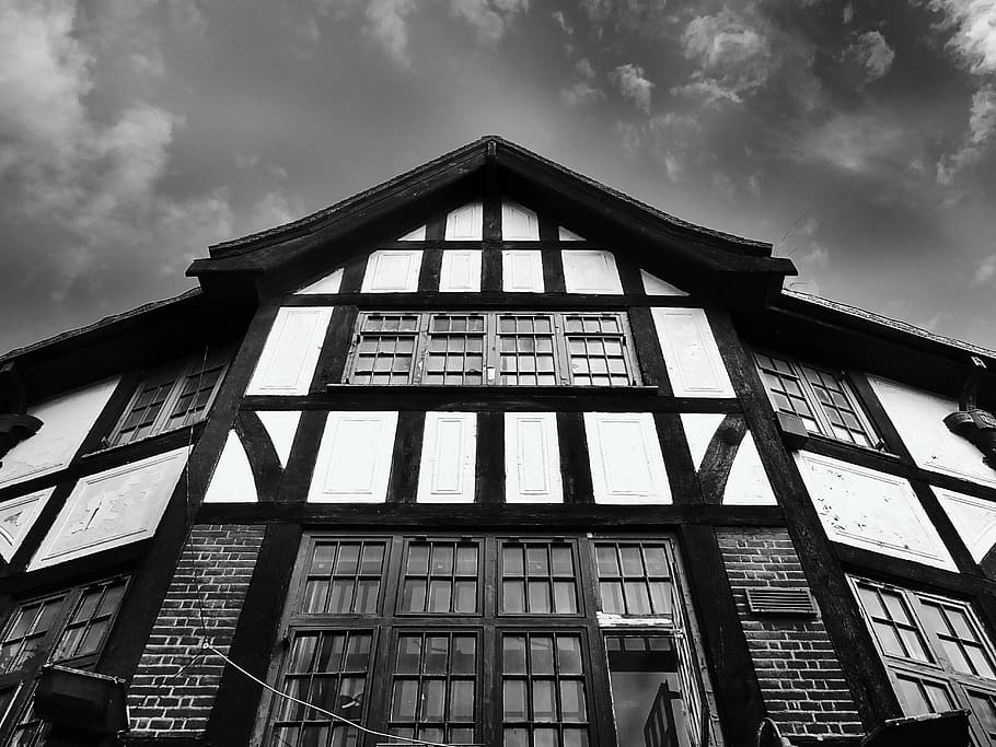 Grayscale Photography of Temple, architectural design, clouds HD wallpaper