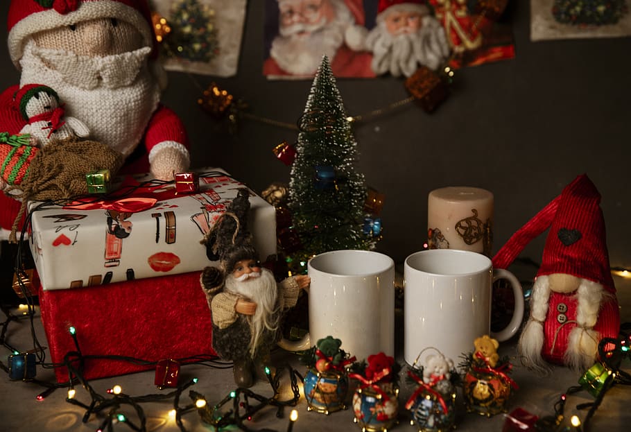 two white ceramic mugs on table, plant, tree, christmas tree HD wallpaper