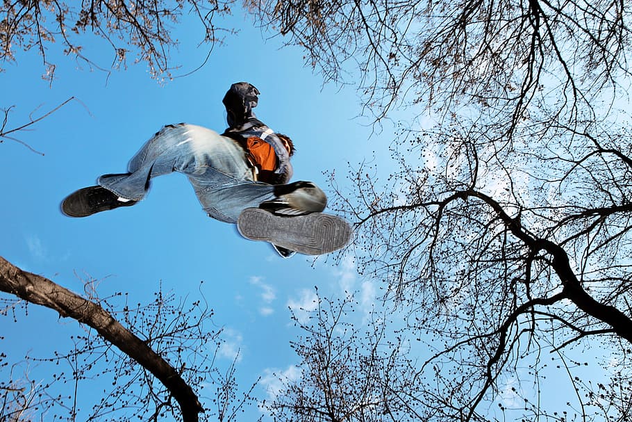 man, jump, walk, air, feet, fast, trees, sky, person, low angle view HD wallpaper