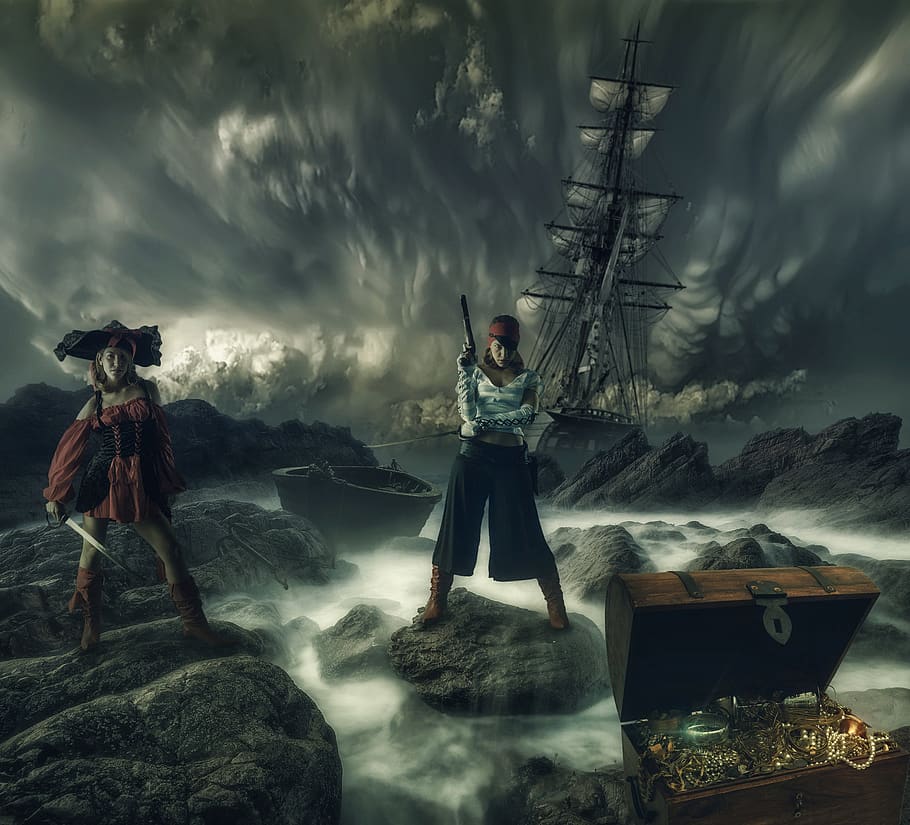 pirates of the, fantasy, girl, treatment, sea, island, treasures, HD wallpaper