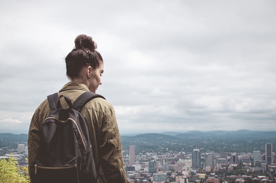 portland, united states, mountains, backpack, rear view, army jacket