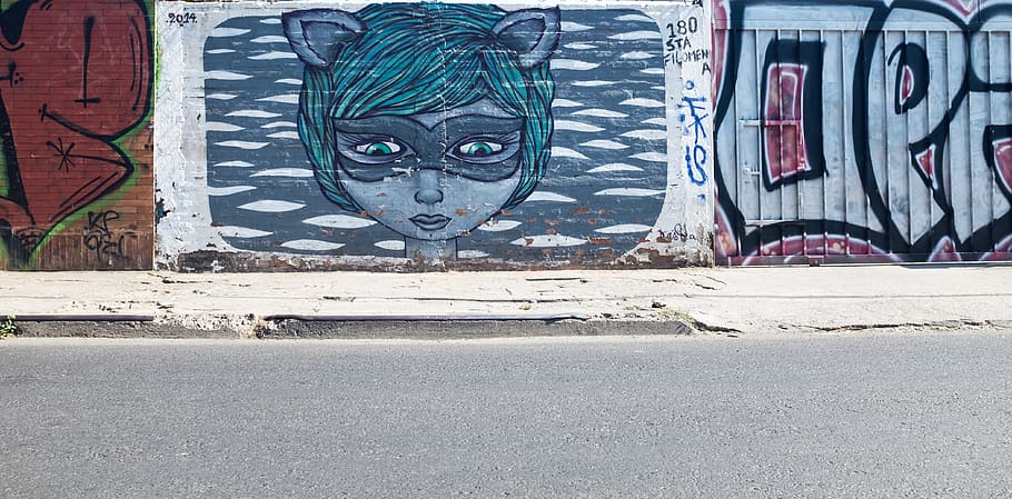 chile, santiago, woman, wall art, grafiti, catwoman, looking