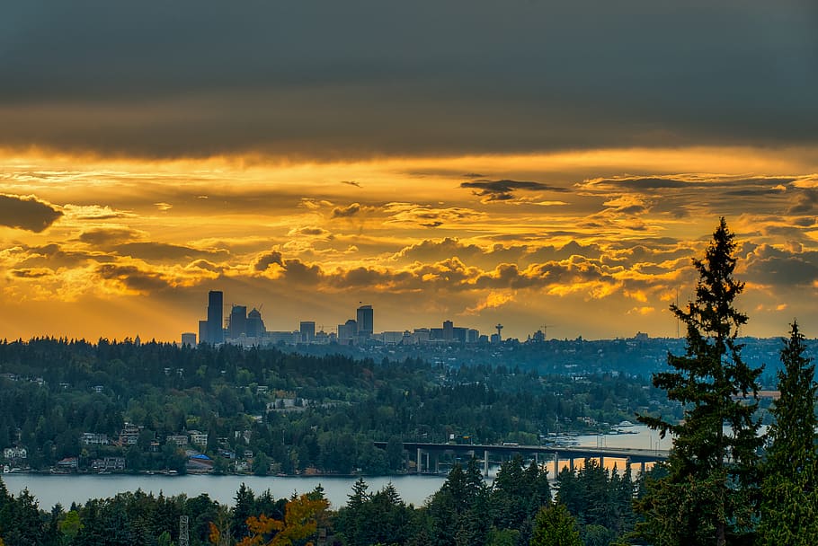 seattle, sky, clouds, cityscape, sunset, architecture, building exterior HD wallpaper