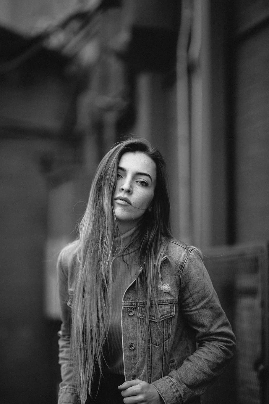 grey scale photo of woman in jacket, person, portrait, turtleneck HD wallpaper