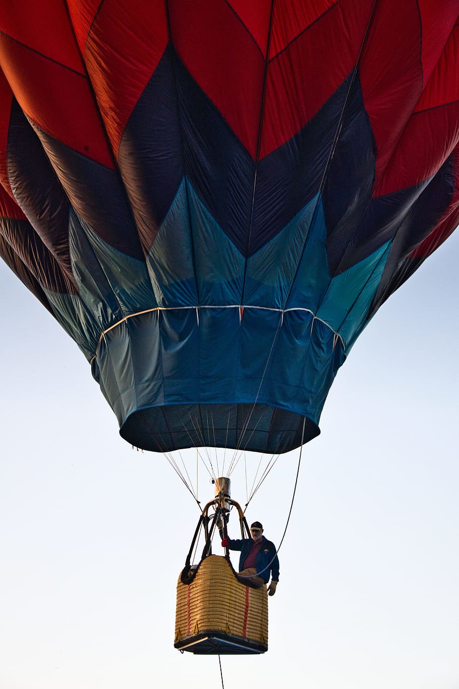 Man Riding Blue and Red Hot Air Balloon during Day, aircraft, HD wallpaper