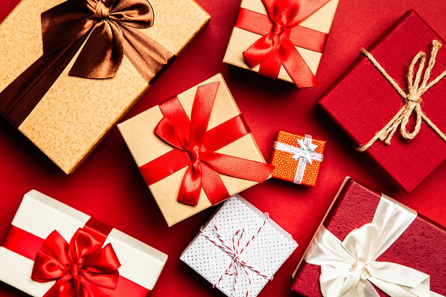 Assorted Gift Boxes on Red Surface, background, bow, celebration HD wallpaper