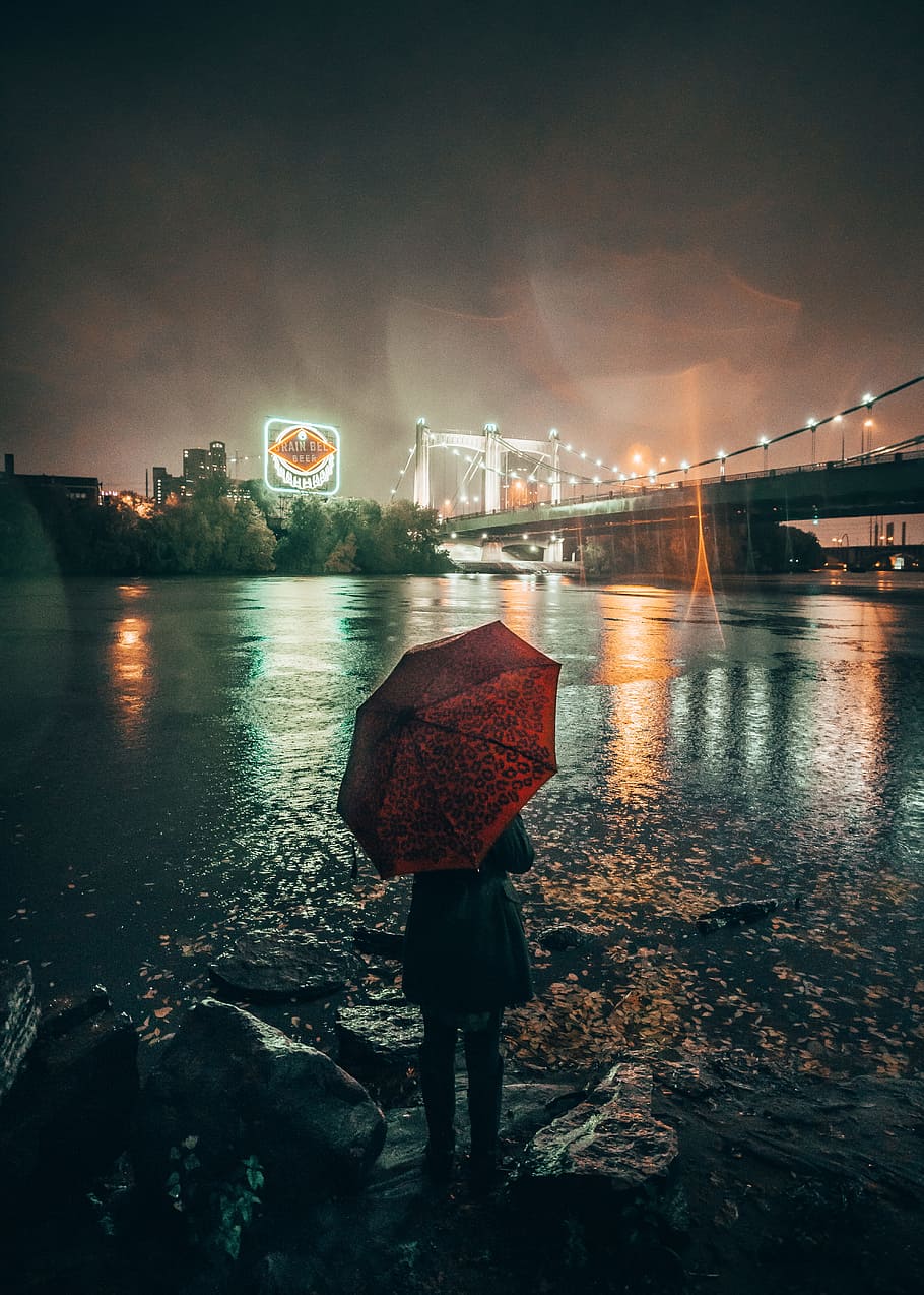 person with umbrella, street, wet, rain, light, night, evening