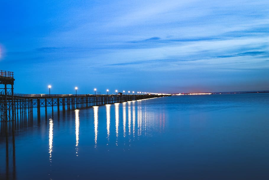 blue, peir, lights, sky, sunset, night, horizon, landscape HD wallpaper