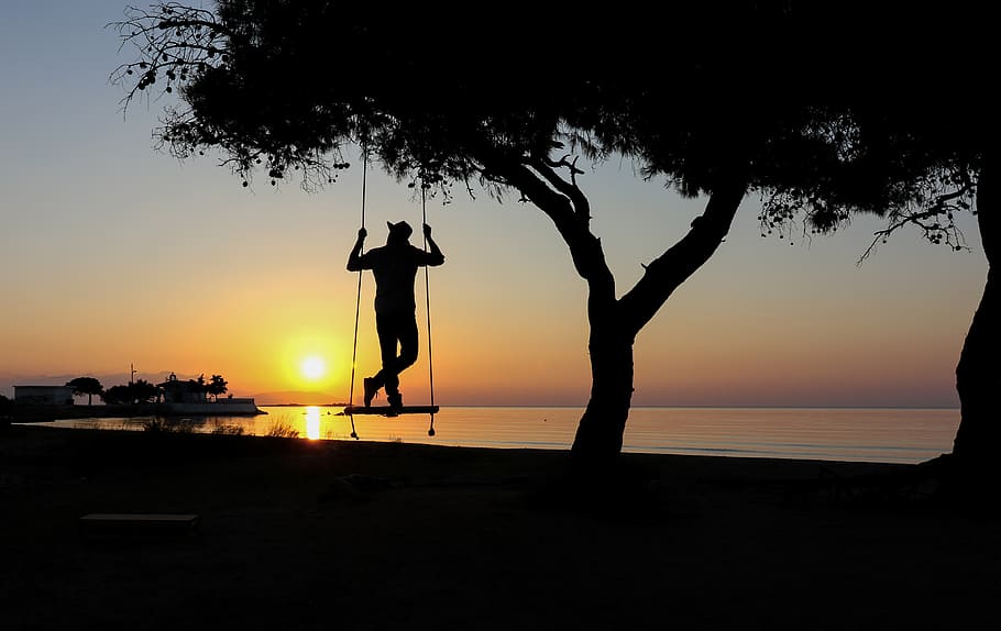 sun, silhouette, man, hat, sunny, lake, greece, water, cool HD wallpaper