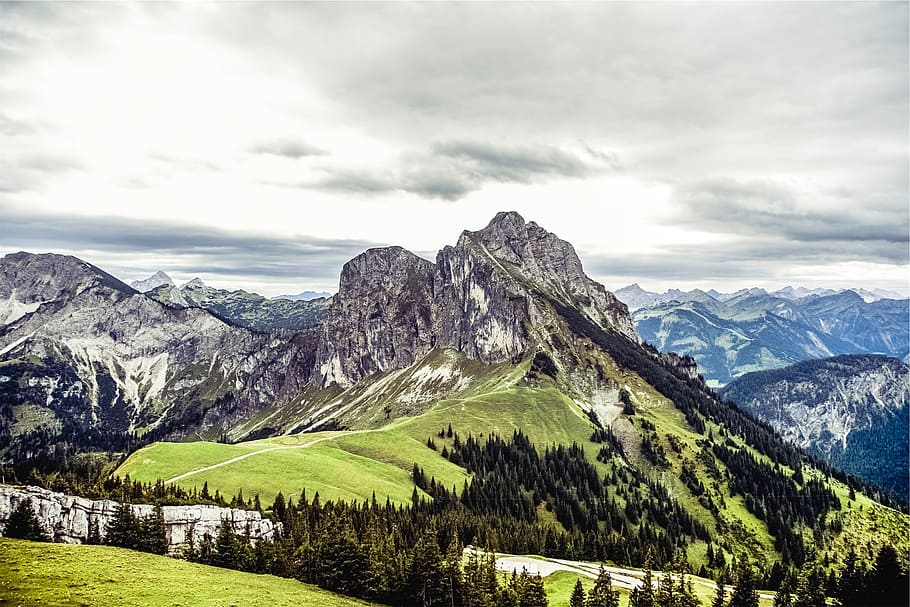 landscape, mountains, hills, cliffs, peaks, summit, trees, grass HD wallpaper