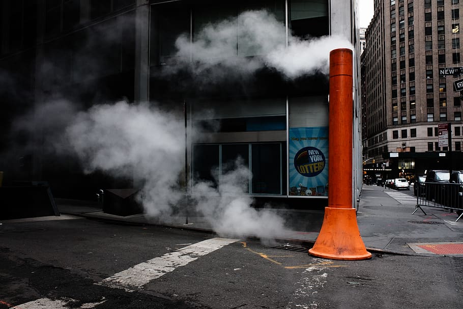 orange post near building, smoke, new york, asphalt, tarmac, automobile HD wallpaper