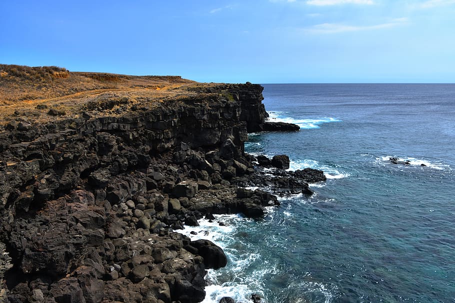 united states, kailua-kona, cliff, lava, ocean, hawaii, sea, HD wallpaper