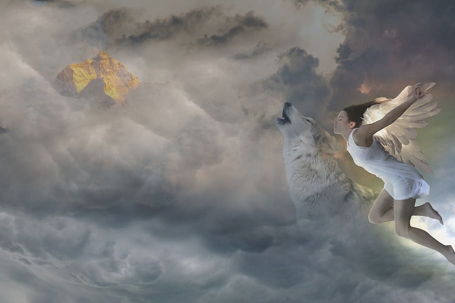 fantasy, spirituality, angel, wolf, clouds, cloud - sky, one person HD wallpaper