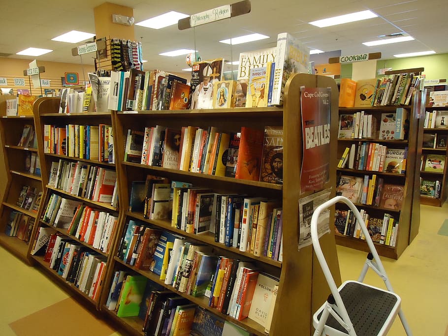 bookstore, shop, shelves, shelf, display, rack, stacks, stepstool HD wallpaper