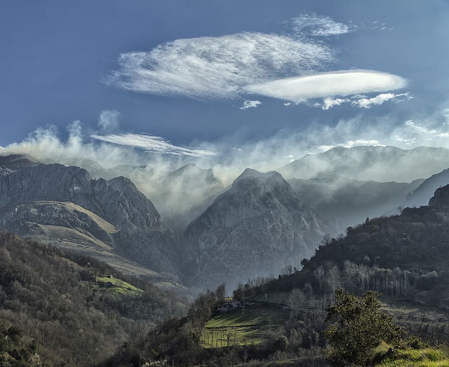 mountains under blue sky and white clouds, slope, mountain range HD wallpaper