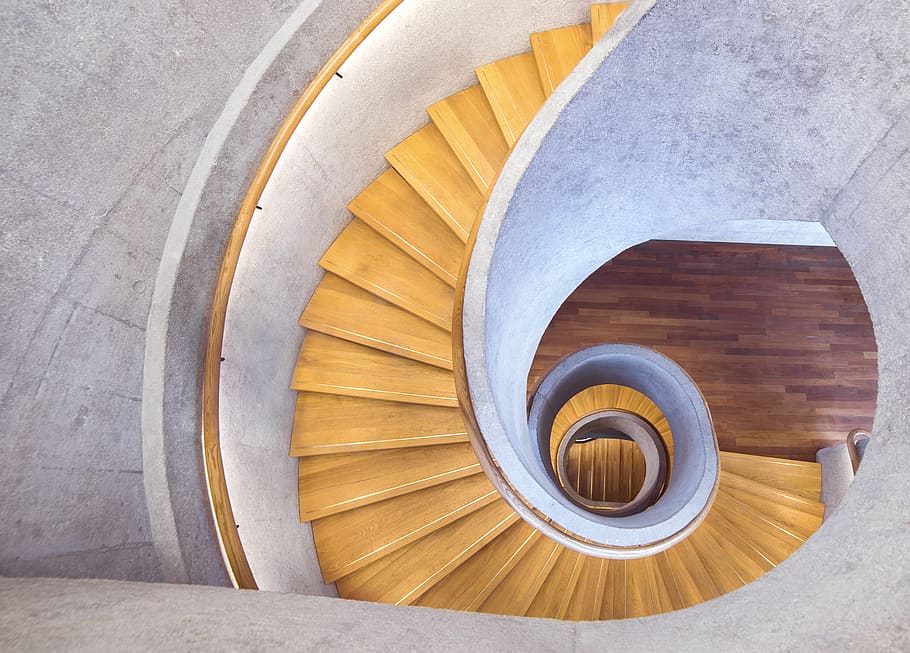 Brown Wooden Stairs, architecture, building, design, from above HD wallpaper
