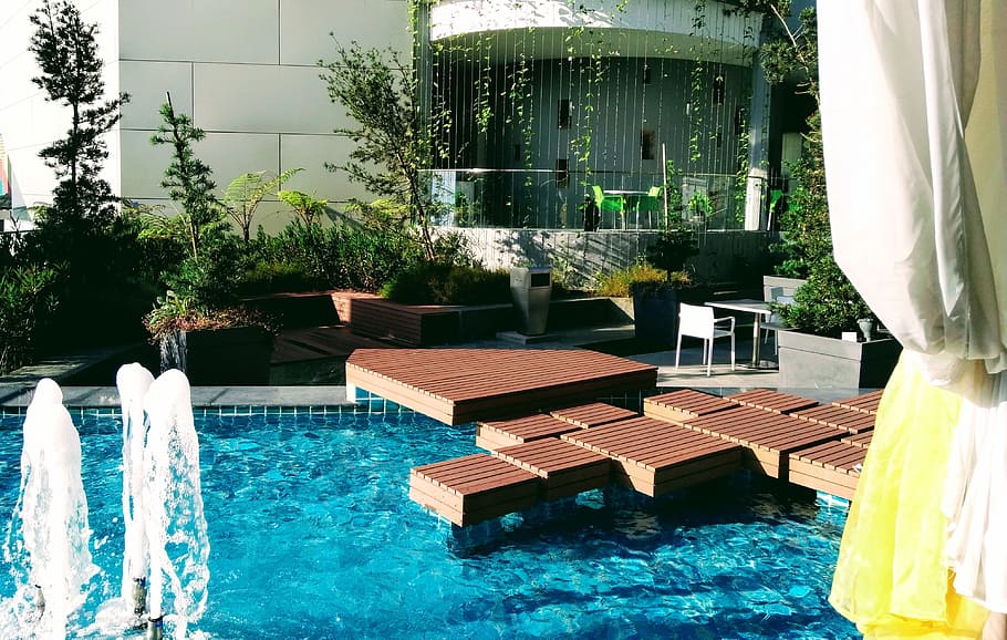 Swimming Pool Deck, architecture, chairs, fountain, garden, plants HD wallpaper