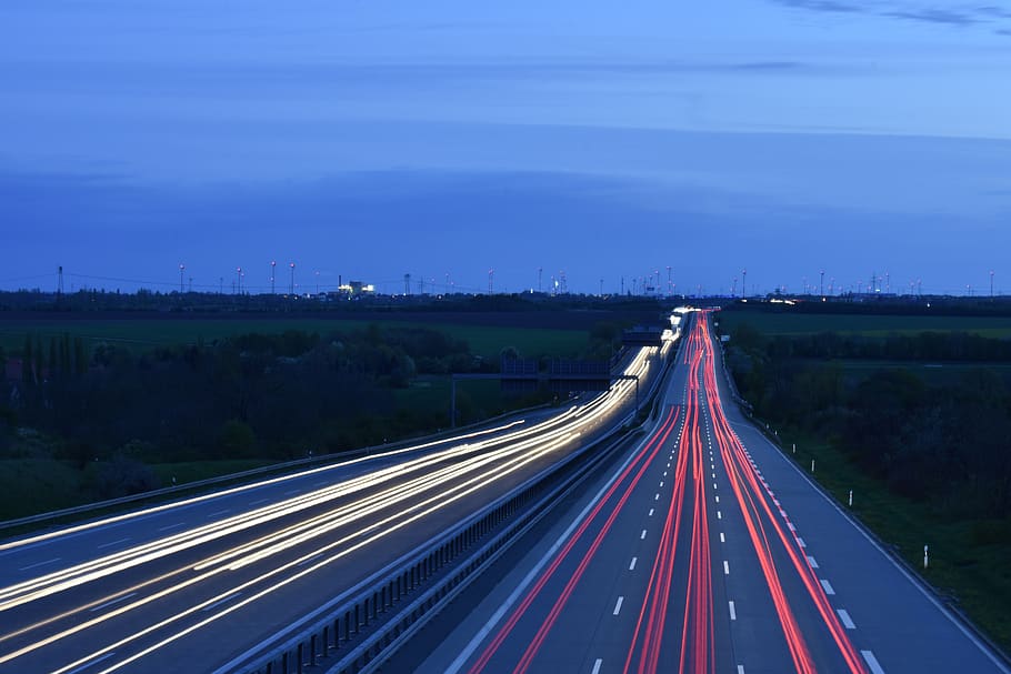 Timelapse Photography of Road and Grass Field, asphalt, blur HD wallpaper