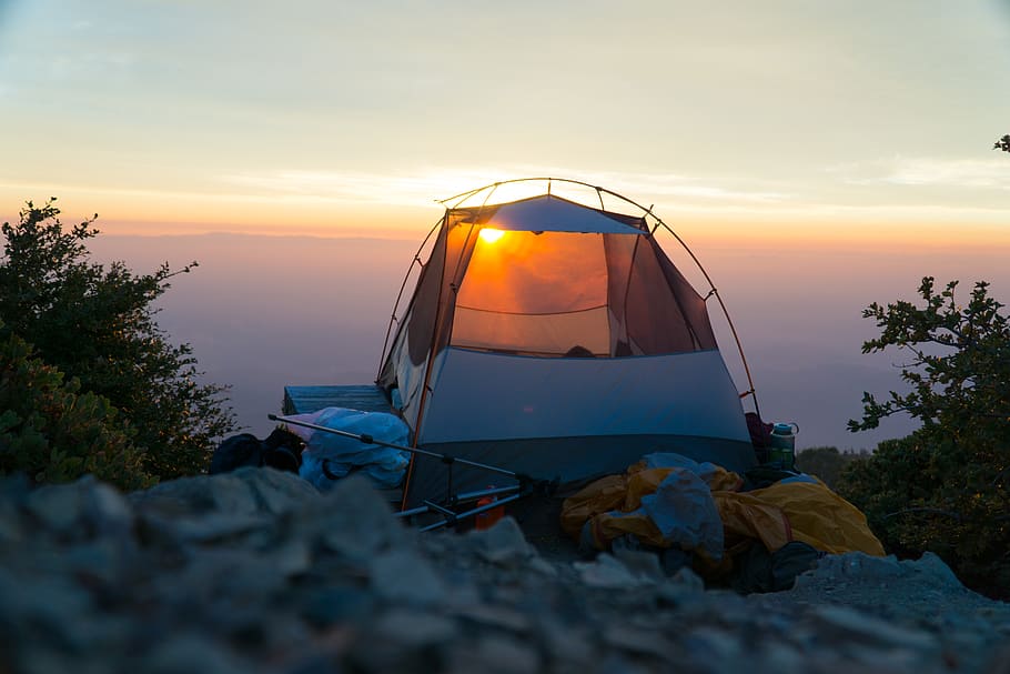 sun raise behind dome tent, camping, mountain tent, leisure activities HD wallpaper