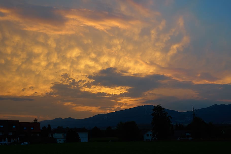 sunset, mood, mountain, landscape, sky, clouds, mystical, idyllic HD wallpaper