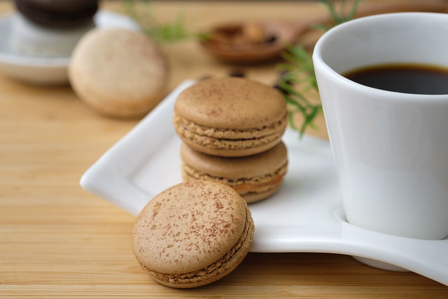 Three Cookies Beside Cup of Coffee, baked, baking, biscuits, confection HD wallpaper