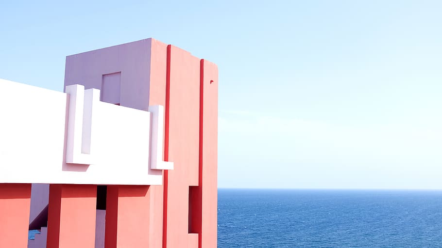 spain, calp, sea, pink, blue, building, la muralla roja, summer, HD wallpaper