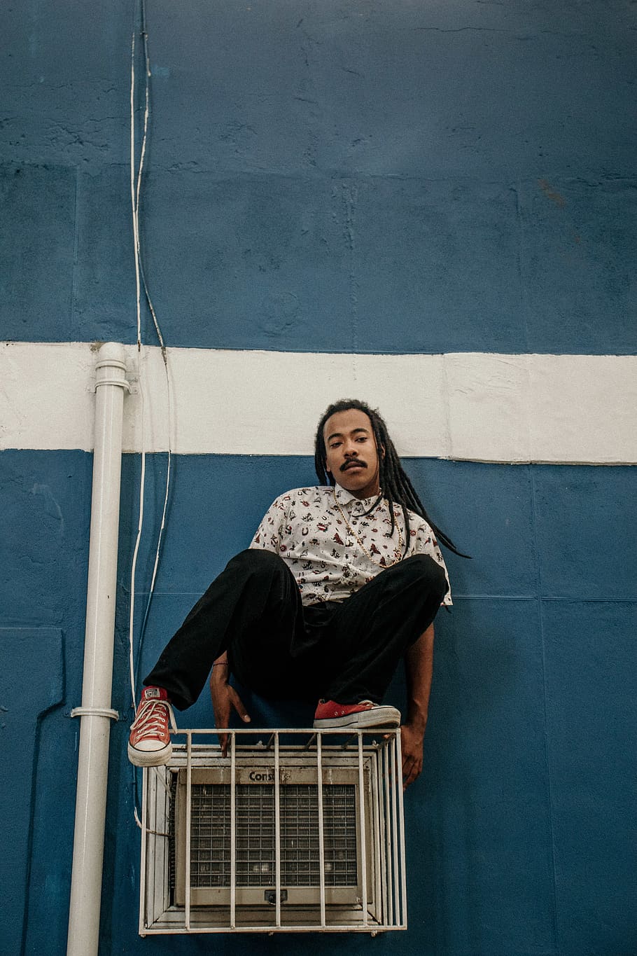 Man Sitting on Gray Window-type Ac Unit, aircon, case, casual HD wallpaper