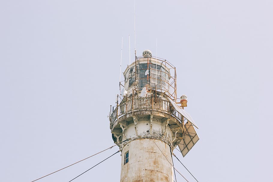 White Lighthouse Tower, architecture, building, cables, clear sky HD wallpaper