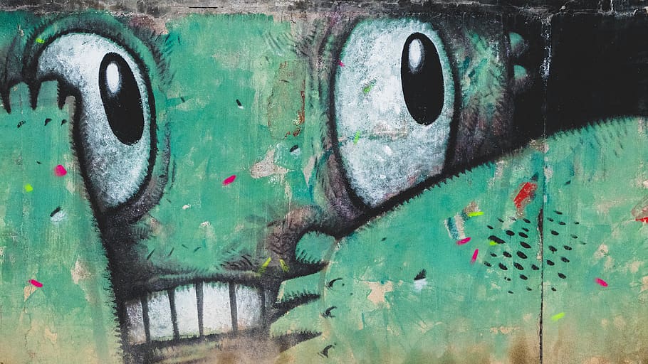 romania, arad, green, face, scared, street art, colorful, expression, HD wallpaper