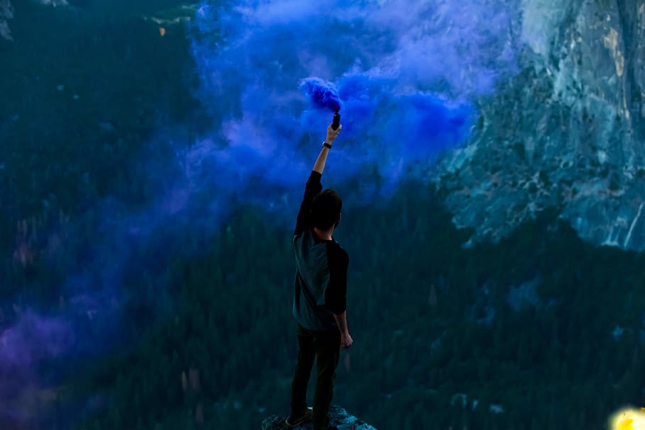 blue, smoke, flair, guy, man, people, nature, mountains, outdoors HD wallpaper