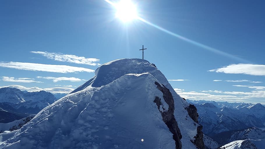 summit, summit cross, snow, nature, mountain, winter, oberammergau alpine, HD wallpaper